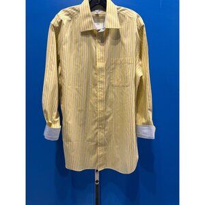 Paul Fredrick Mens Yellow & Blue Striped Button-Up Dress Shirt 16.5-34 100% Cott